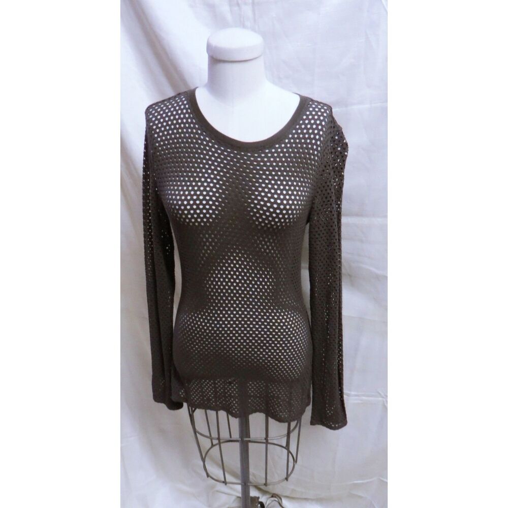 BCBGMAXAZRIA Dark Fatigue Leander Mesh Long Sleeve Top - Size M
